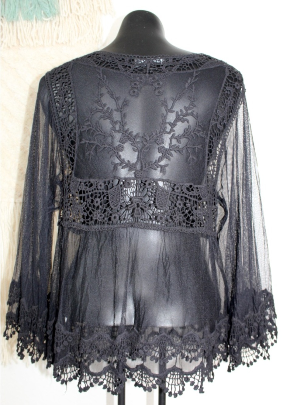 Shyanne Medium Black Sheer Lace Crochet Peplum Top Bell sleeve wester wear - Picture 5 of 9